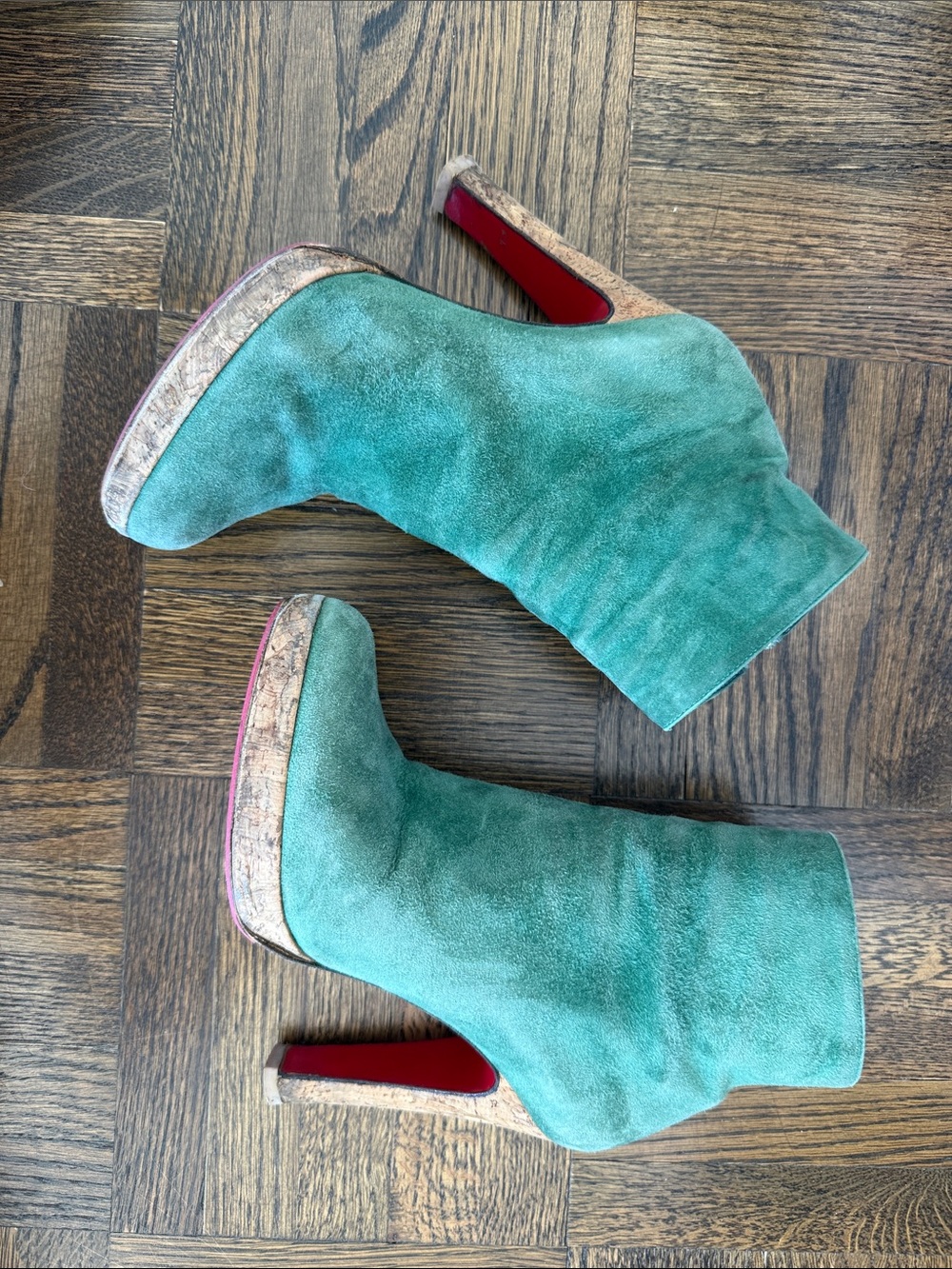 Christian Louboutin Green Suede Platform Booties with Red Sole and cork heel 38
